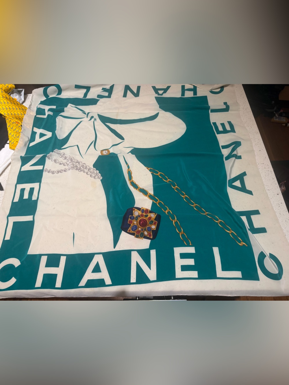 CHANEL Teal and White Logo Silk Wrap with Gold Chain Motif